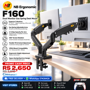 NB Ergonomics F160 Dual Monitor Gas Spring Desk Mount – 17–27 Inch | 2–6.5kg Per Arm