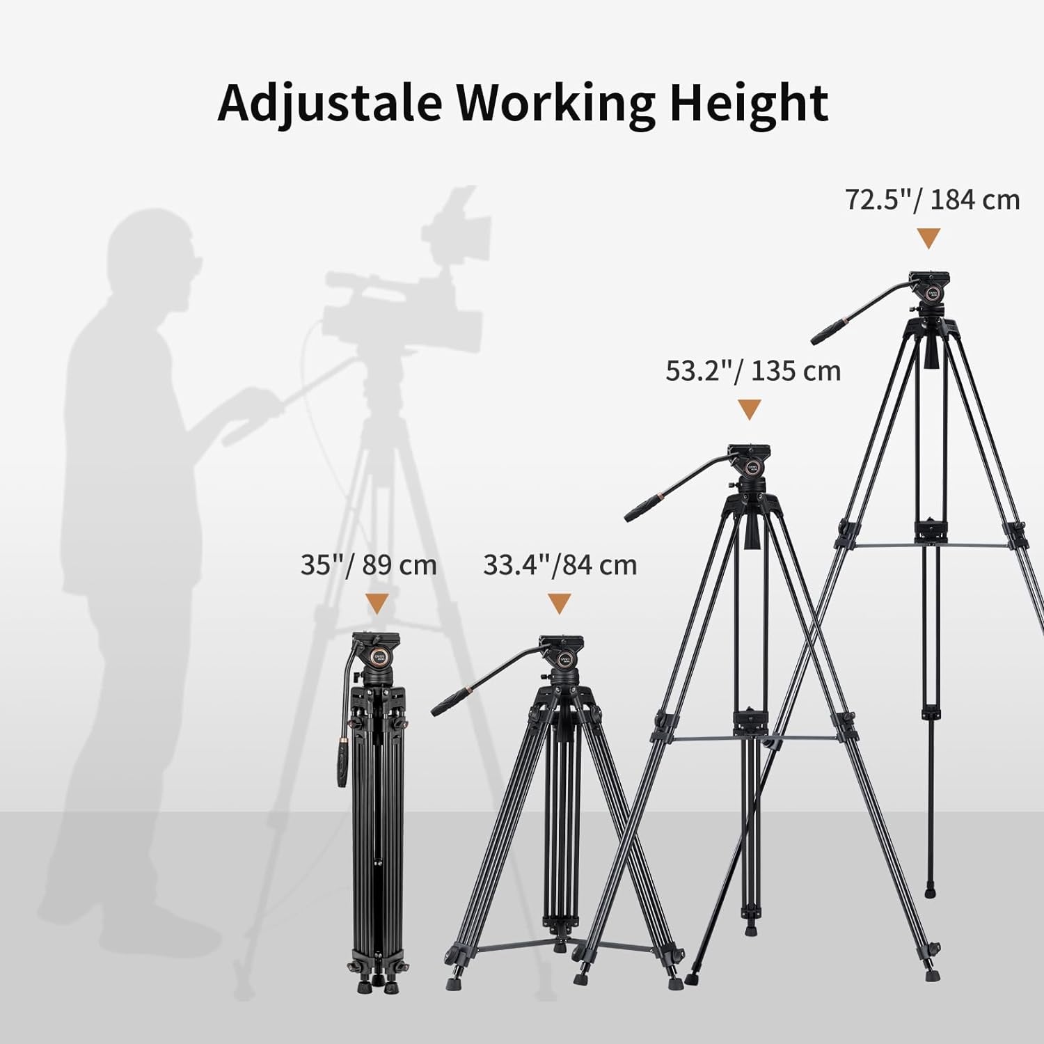 Trépied Vidéo Cayer BV30L Avec Tête Fluide | Support 8kg | Hauteur 72-184cm | Parfait Pour DSLR Et Caméscopes