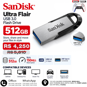 SANDISK Ultra Flair 512GB, USB-A Flash Drive, Up to 150MB/s Read Speeds