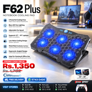 F62 Plus Gaming Laptop Cooling Pad - 6x Blue LED Quiet Fans With RGB logo - 2x USB Port Speed Control - Support up to 19 Inch | Black