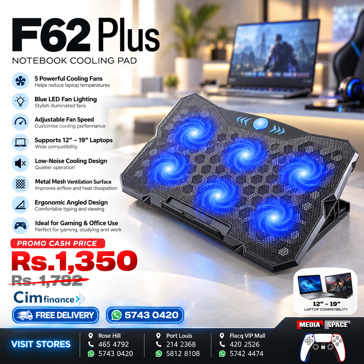 F62 Plus Gaming Laptop Cooling Pad - 6x Blue LED Quiet Fans With RGB logo - 2x USB Port Speed Control - Support up to 19 Inch | Black