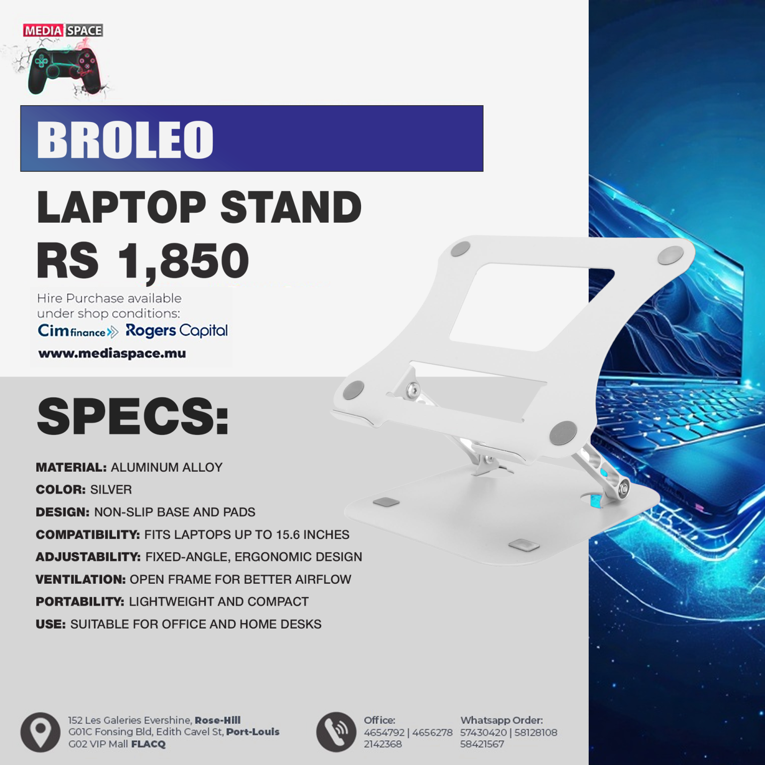 BROLEO Laptop Stand, Non-slip Silver Color Laptop Stand for Office ...