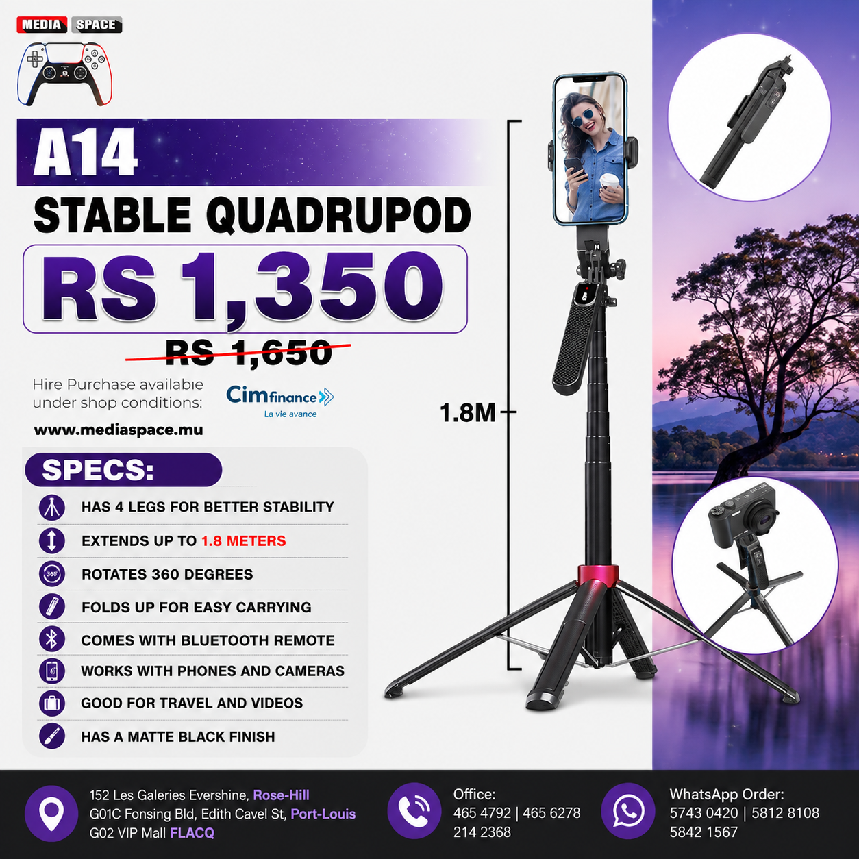 A14 Long Selfie Stick Quadrupod – 1.8m Stability Style - Image 2