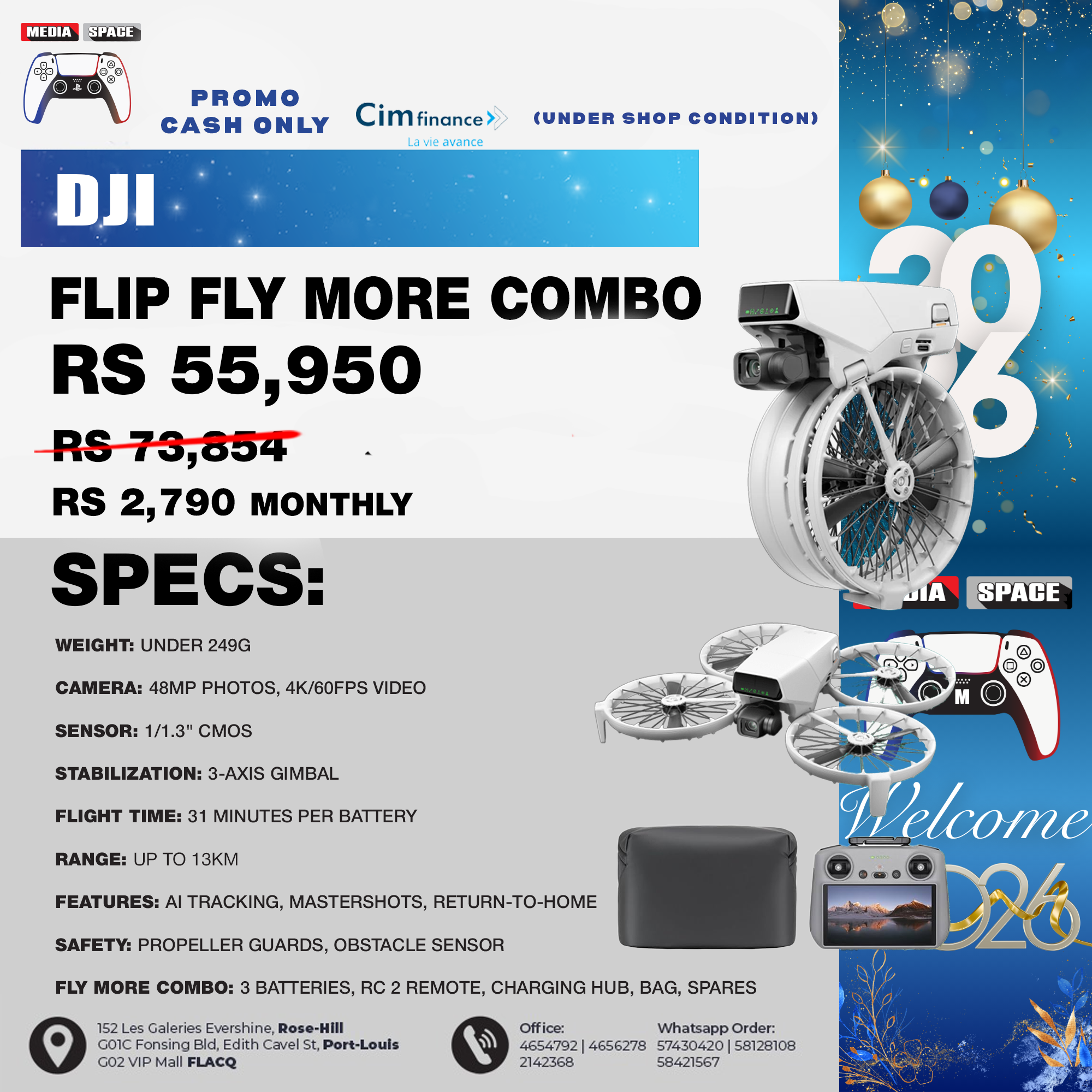 DJI Flip Fly More Combo With RC 2 Screen Remote Controller, Drone With 4K UHD Camera for Adults, Palm Takeoff, Auto Return, Intelligent Flight, 3 Batteries for 93-Min Flight Time
