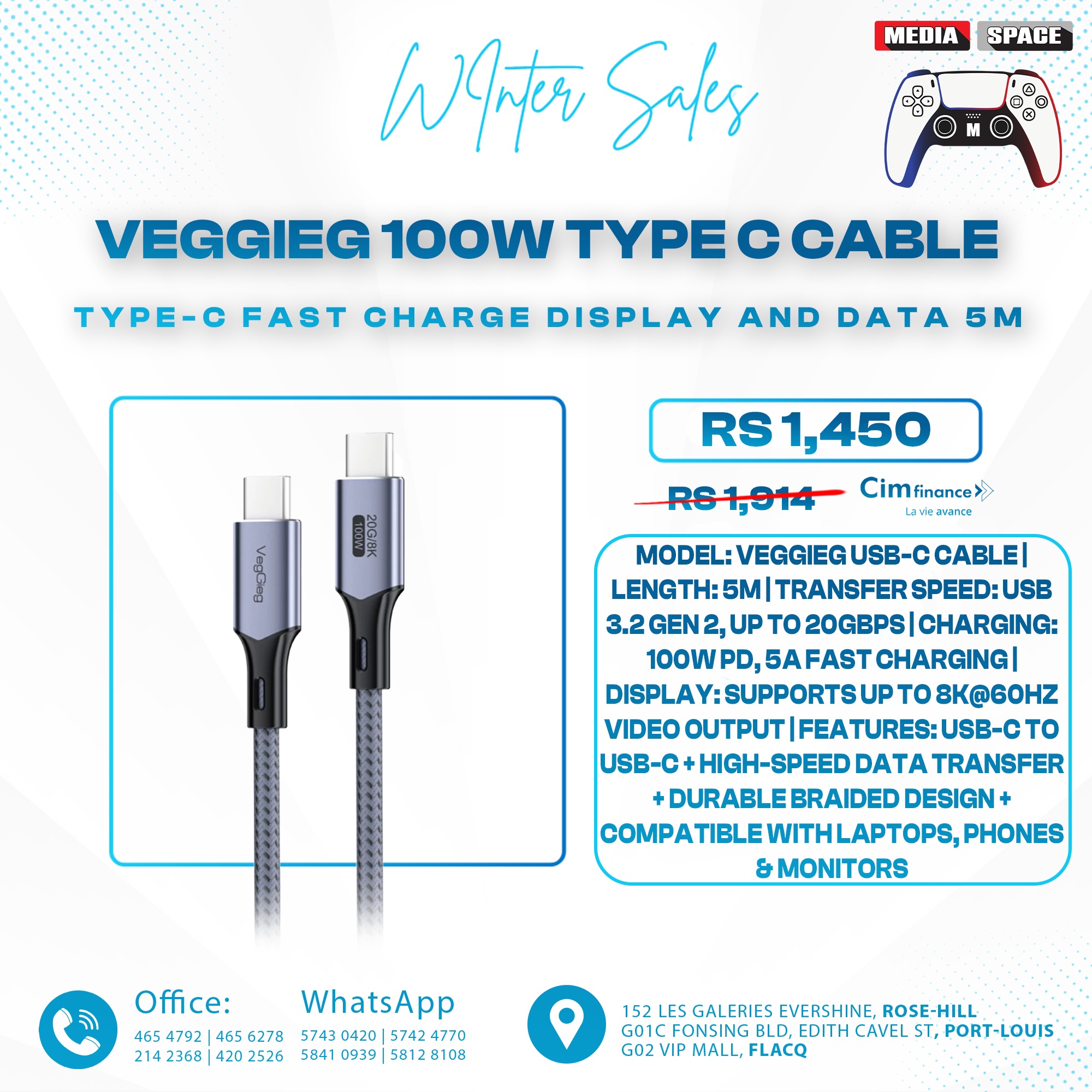 Veggieg 100W 5A USB3.2 Gen 2 20Gbps 8K 60Hz Type-C Fast Charge Display and Data Cable 5 meters