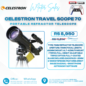Celestron Travel Scope 70 Portable Refractor Telescope – 70mm/400mm Aperture, Fully-Coated Glass Optics – Includes Tripod, Backpack & Software – Ideal for Beginners & Travel