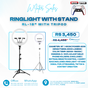RL-18 LED Soft Ring Light with STAND, 3200K-5600K Color Temperature, Adjustable Brightness, Three Holders, USB Powered, Remote Included, White | RL18