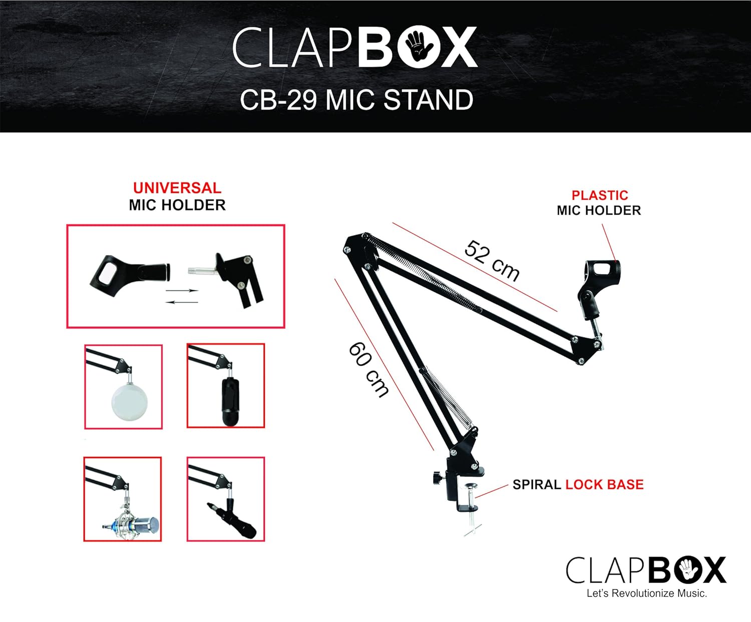 Clapbox CB-29 Professional Recording Microphone Stand Black Boom Suspension Scissor Arm - Image 4
