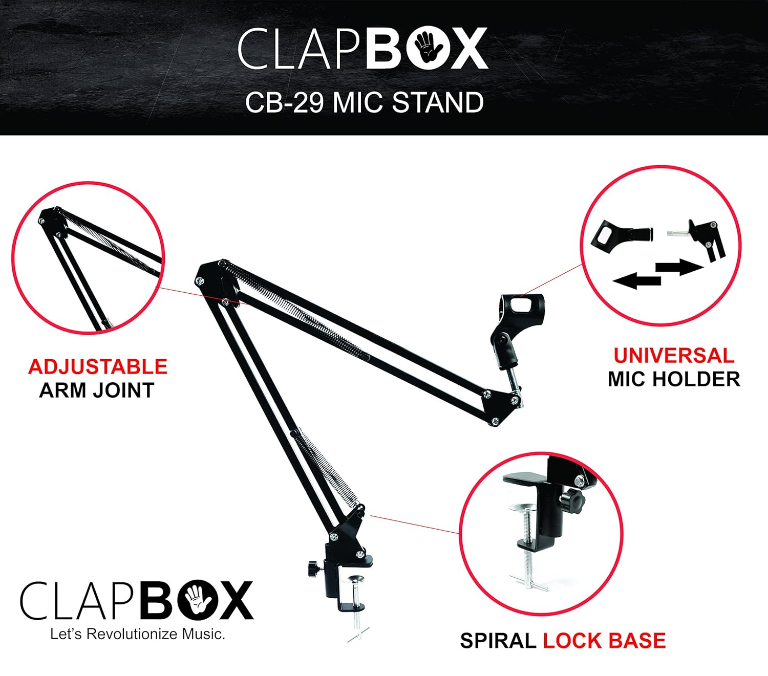 Clapbox CB-29 Professional Recording Microphone Stand Black Boom Suspension Scissor Arm - Image 3