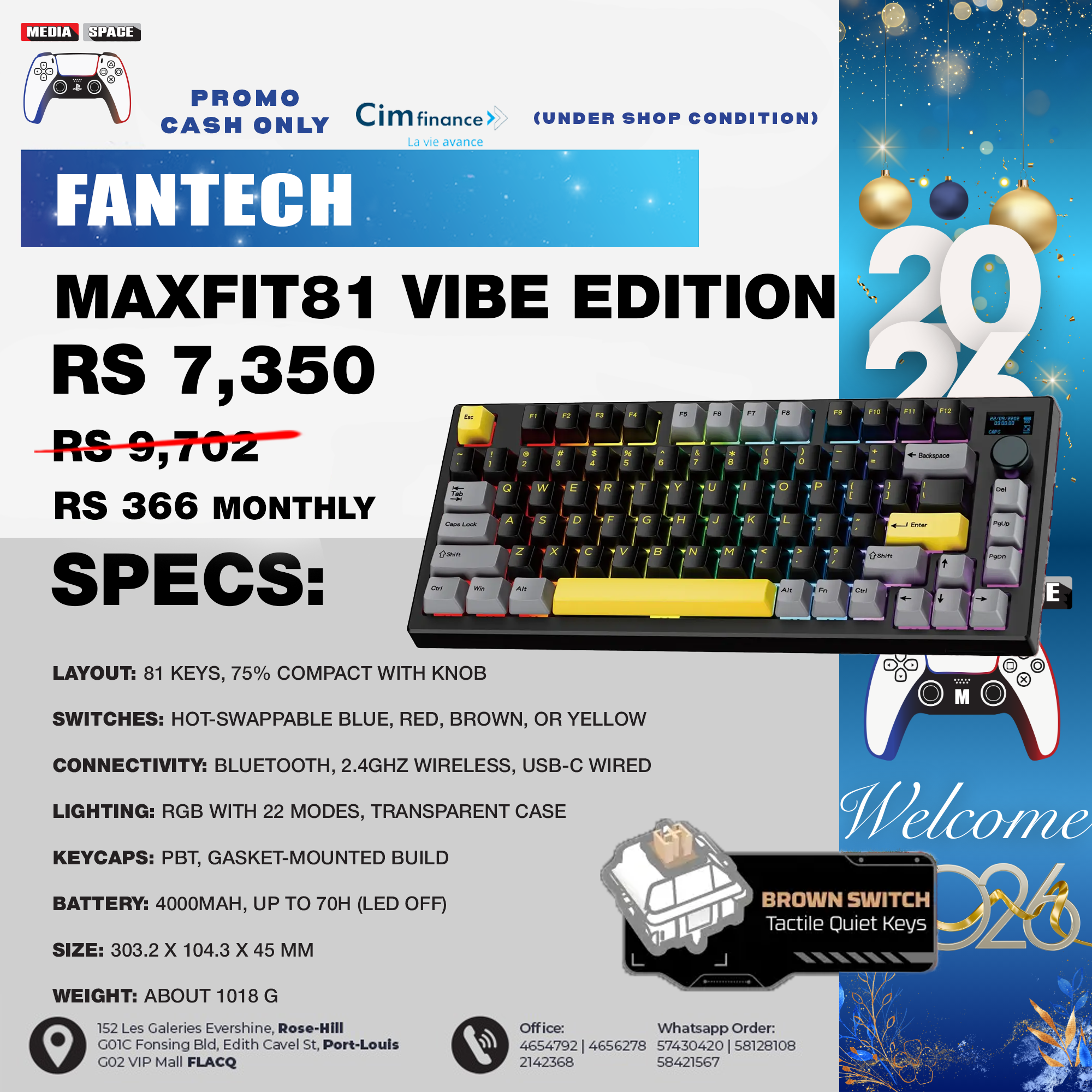 FANTECH MAXFIT81 Wireless Mechanical Keyboard PBT Keycaps RGB 75% Gaming Keyboard with Customizable OLED Display & Knob, Hot Swappable Modular Sound Proofing Base, Gateron Yellow Switch