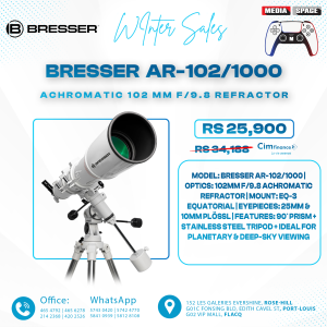 BRESSER First Light AR-102/1000 Achromatic 102 mm f/9.8 refracting telescope, includes mount and tripod