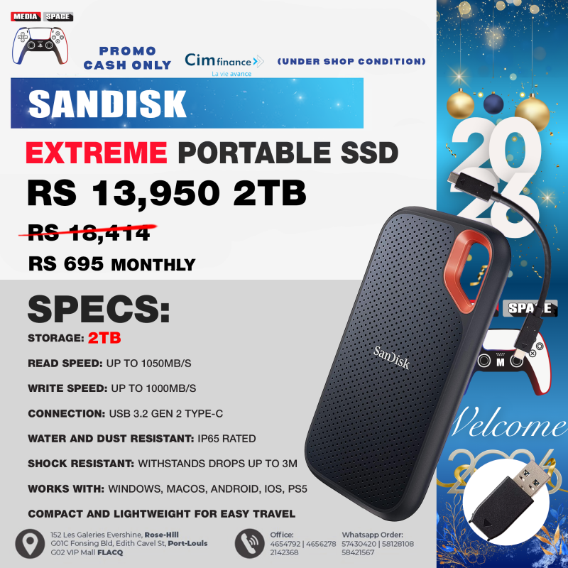 SanDisk Extreme 2TB Portable SSD - Up to 1050MB/s, USB-C, USB 3.2 Gen 2 ...