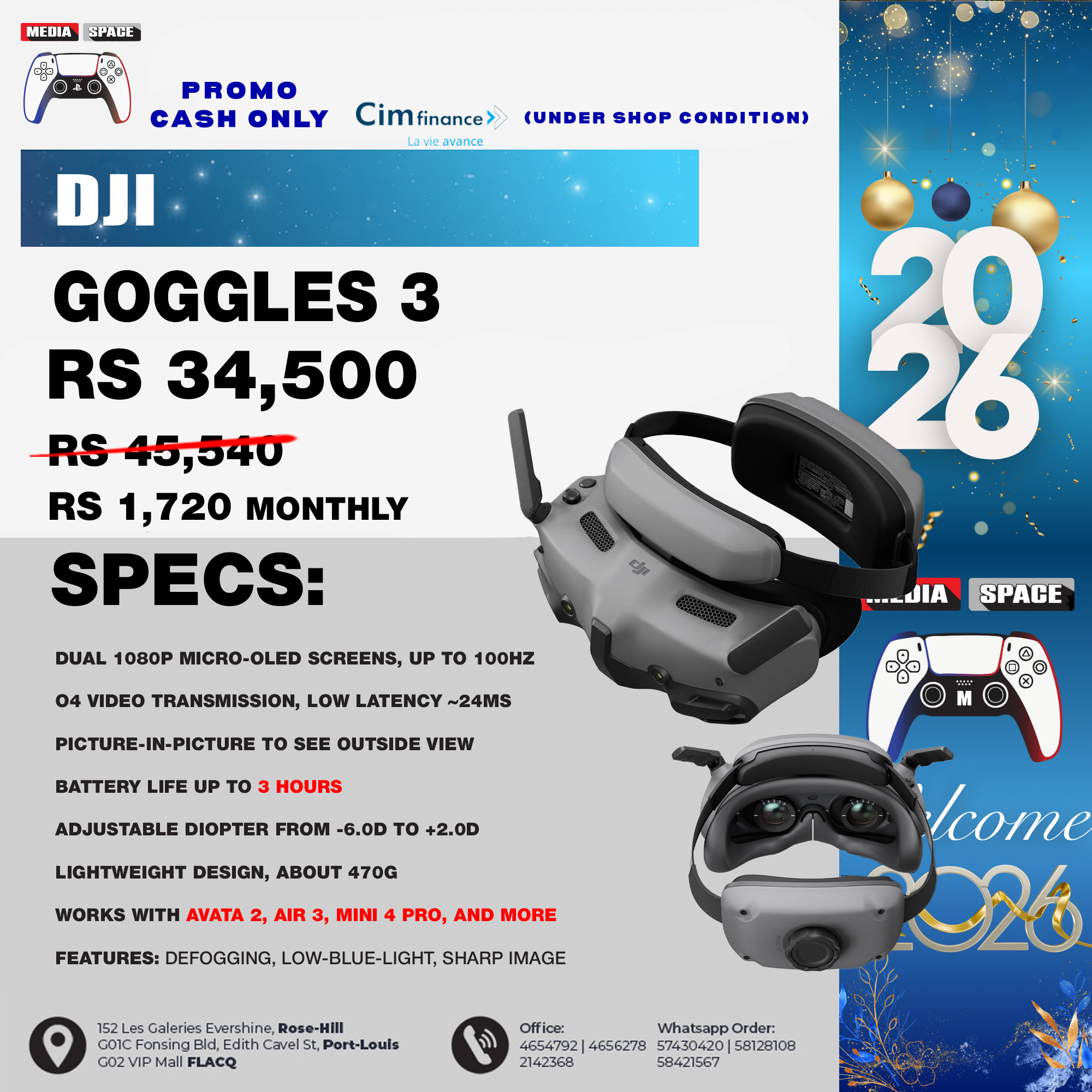 DJI Goggles 3, FPV Goggles with Stunning Micro-OLED Screens, Immersive Flight Experience, O4 HD Video Transmission, Adjustable Diopters, Wireless Streaming, Drone Goggles with Real View PiP