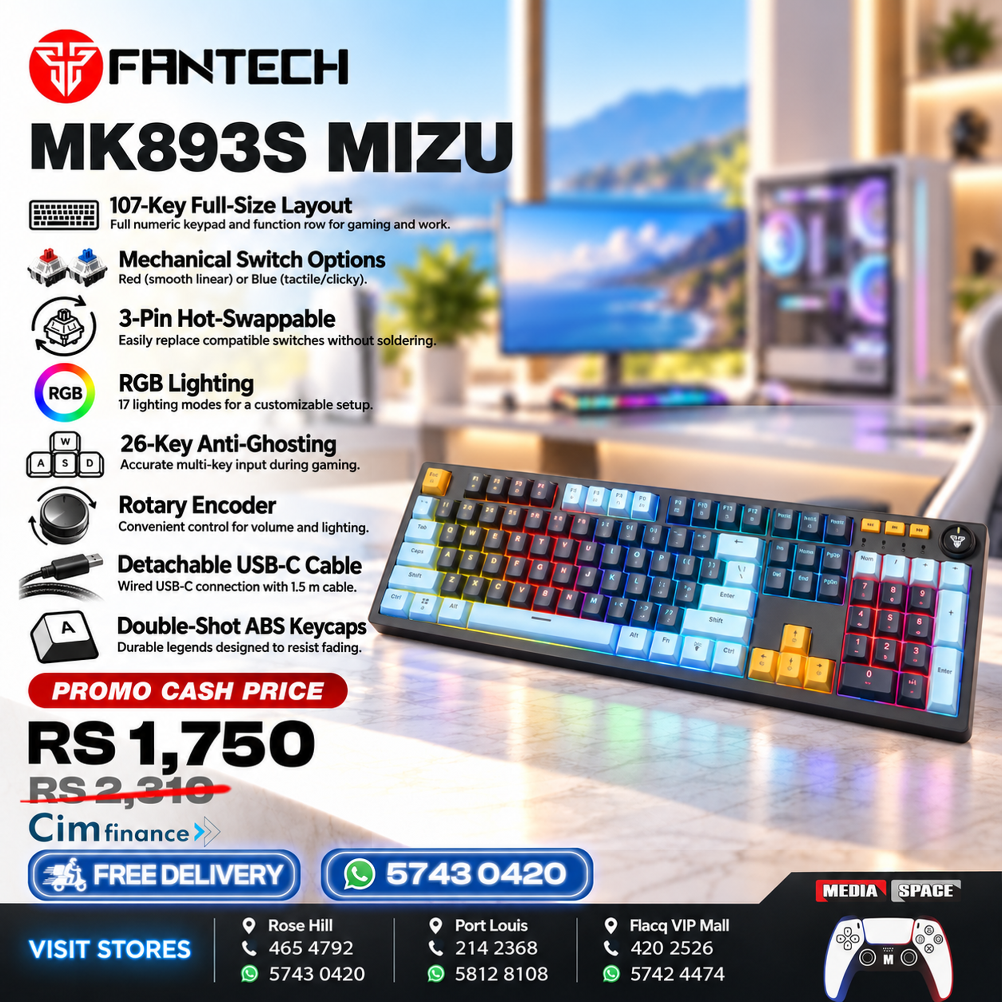 FANTECH ATOM107S MK893S MECHANICAL GAMING KEYBOARD MIZU EDITION SKY BLUE