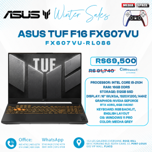 ASUS TUF Gaming F16 (2024) FX607VU 16” FHD+ 144Hz IPS-Level 16:10 Display, Intel® Core™ 5 210H Processor, NVIDIA® GeForce RTX™ 4050, 16GB DDR5, 512GB PCIe Gen4 SSD, Wi-Fi 6, Windows 11 Home