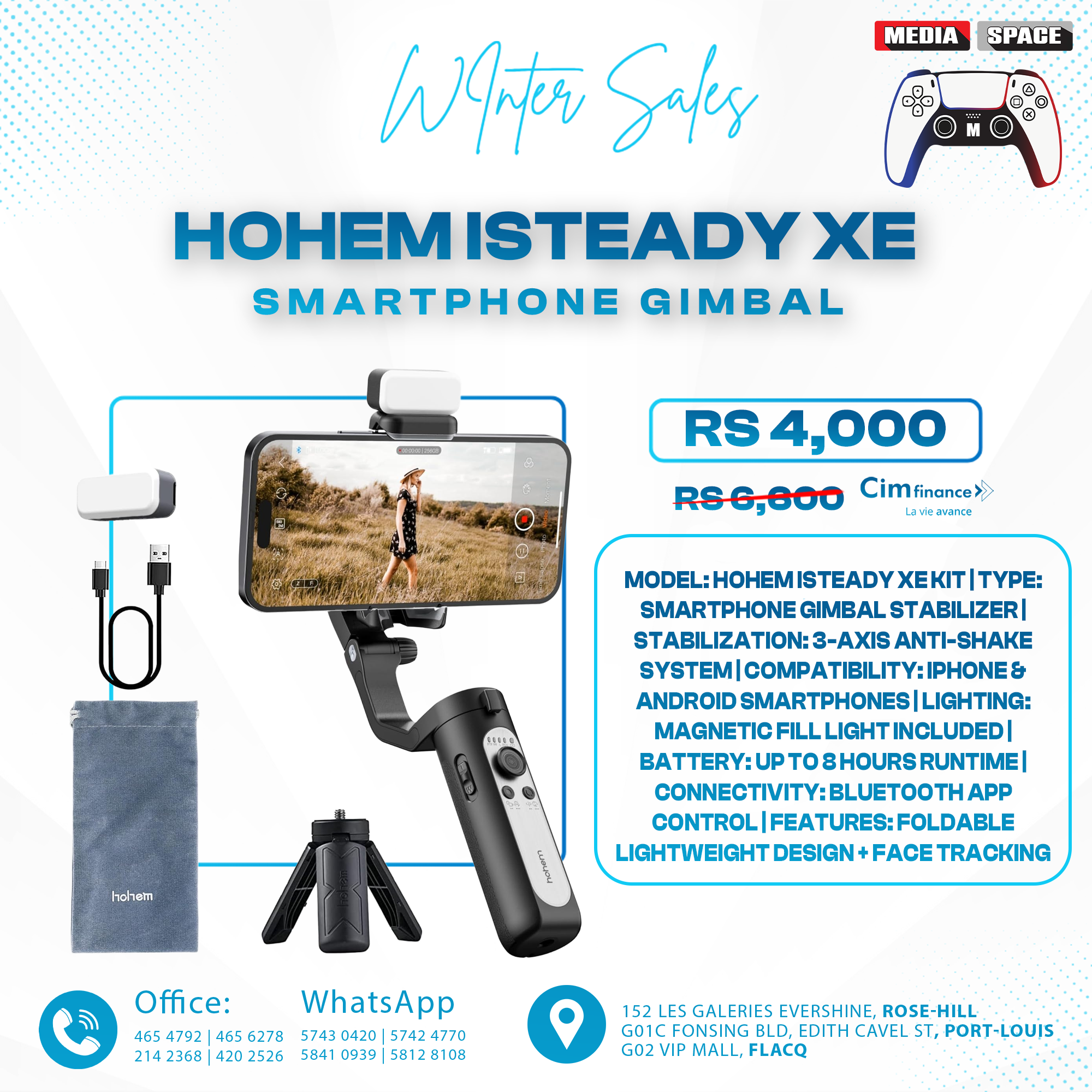 hohem iSteady XE Kit Gimbal Stabilizer for Smartphone, 3-Axis Gimbal for iPhone & Android with Magnetic Adjustable Fill Light, Portable & Foldable Stabilizer for Video Recording, YouTube TikTok Video