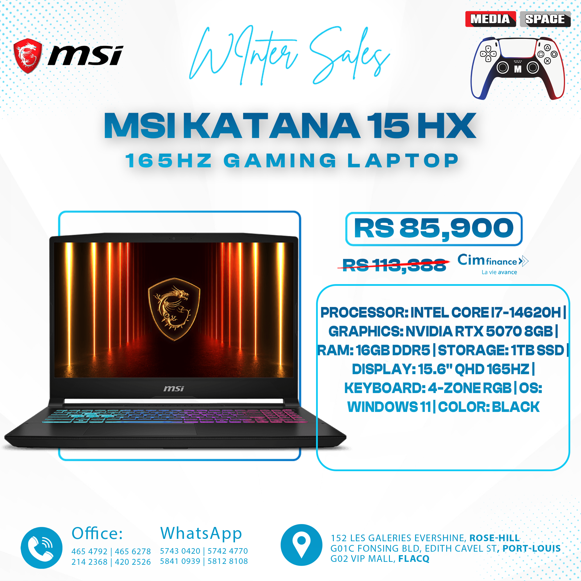 Msi Laptop Katana 15 HX B14WGK-293U 165Hz Gaming Laptop Intel Core i7-14650HX NVIDIA GeForce RTX 5070 GDDR7 16GB DDR5 RAM 1TB SSD 4 zone RGB keyboard WiFi 6E BT 5.3 HDMI Windows 11 Black