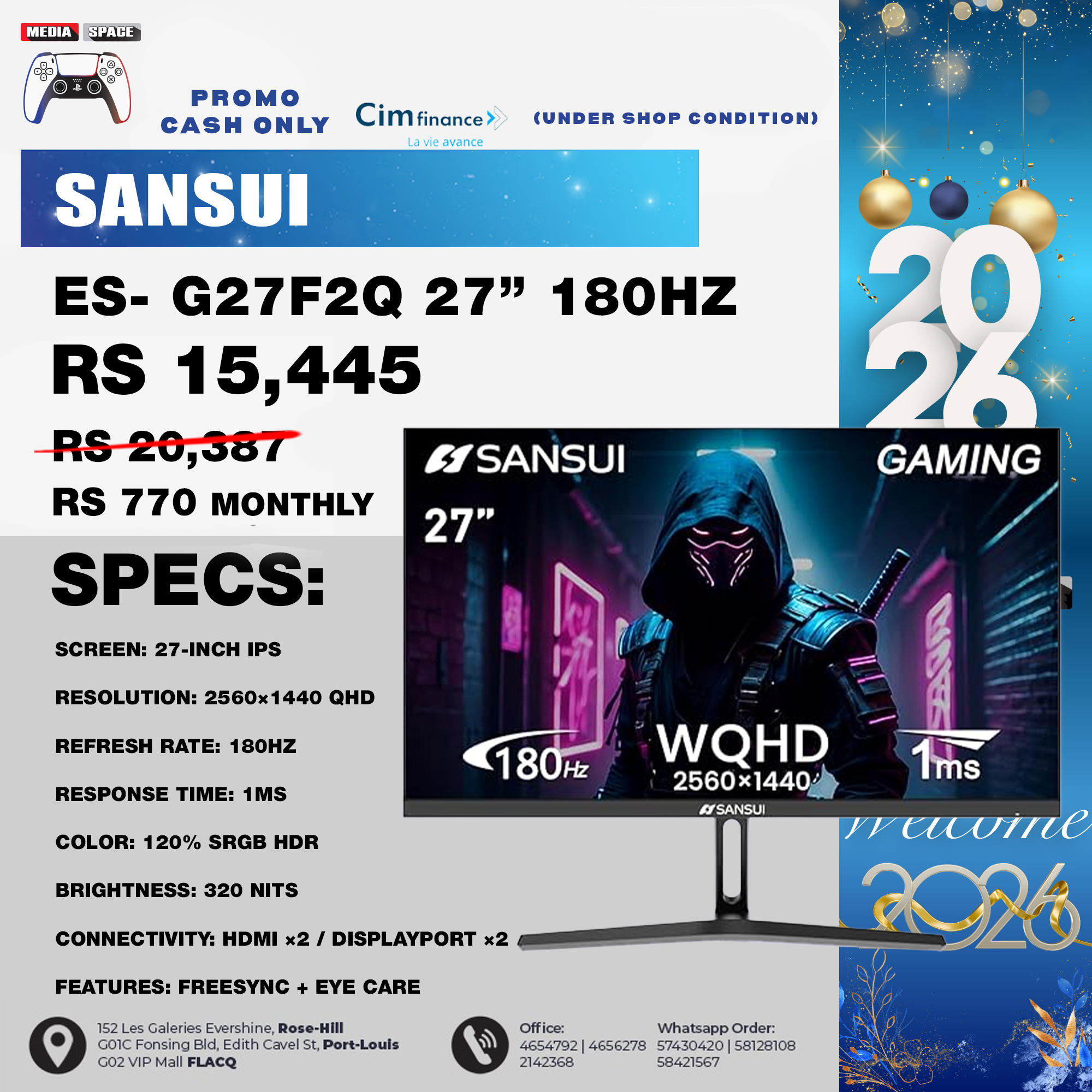SANSUI 27 ES-G27F2Q Inch WQHD 2560 x 1440 IPS Gaming Monitor, 180Hz 1ms Computer Monitor, DP 1.2 x2 | HDMI 2.0 x2 | VESA Mount, 120% sRGB HDR Eye Care Metal Stand (DP Cable Included)