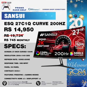 SANSUI ES-G27C1Q Curved Gaming Monitor, 27" WQHD Display, 200Hz Refresh Rate, 1ms (MPRT) Response Time, 1500R Curvature, FreeSync Technology, Black | ES-G27C1Q
