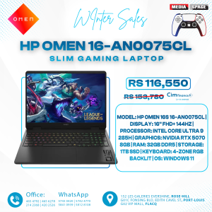 HP OMEN 16-an0075cl Slim Gaming Laptop, 16" 2K 144Hz IPS Display, Intel Core Ultra 9 285H, (2x16GB) 32GB RAM, 1TB SSD, GeForce RTX 5070 8GB GPU, English Keyboard, Windows 11, Black | B94T1UA