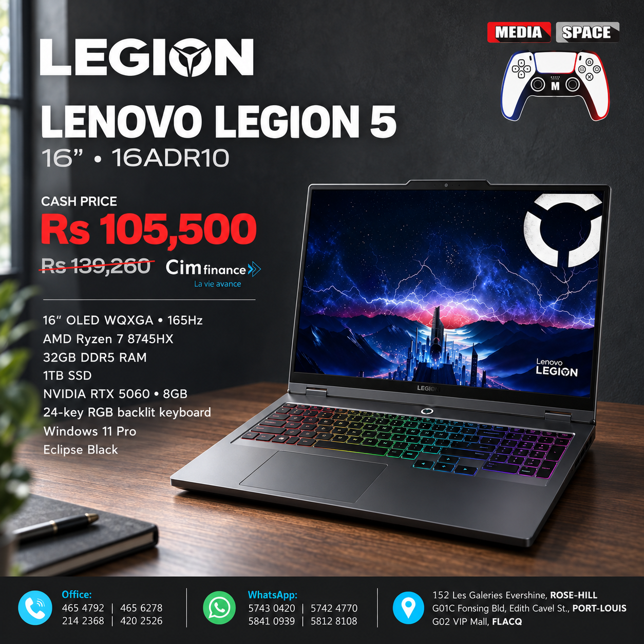 Lenovo Legion Pro 5 16" Gaming Laptop, AMD Ryzen 7 8745HX, GeForce RTX 5060,165hz WQXGA (2560x1600) OLED, Wi-Fi7, Backlit KB, Win11 (32GB DDR5 RAM | 1TB PCIe SSD), Eclipse Black + USB Hub, W/GaLiMu - Image 3