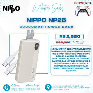 Nippo Np-28 Slim Design, Lightweight and Thin] Mobile Battery, 20,000 mAh, Large Capacity, PD35W, Rapid Charging, Small Mobile Battery, Built-in Cable, 4 Devices Simultaneously, Portable Battery, Type-C