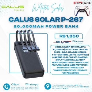 CALUS Power Bank 20000mAh Very Large Capacity P 267 – 4 Cables – Fast Charging – For Samsung, iPhone, Huawei, Tecno, Xiaomi, Motorola, etc.