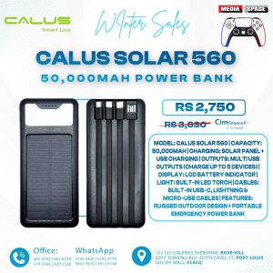 Calus Solar 560. Solar + Electric 50,000mAh Power Bank with Multi-Device Output, LCD Display & Rugged Design