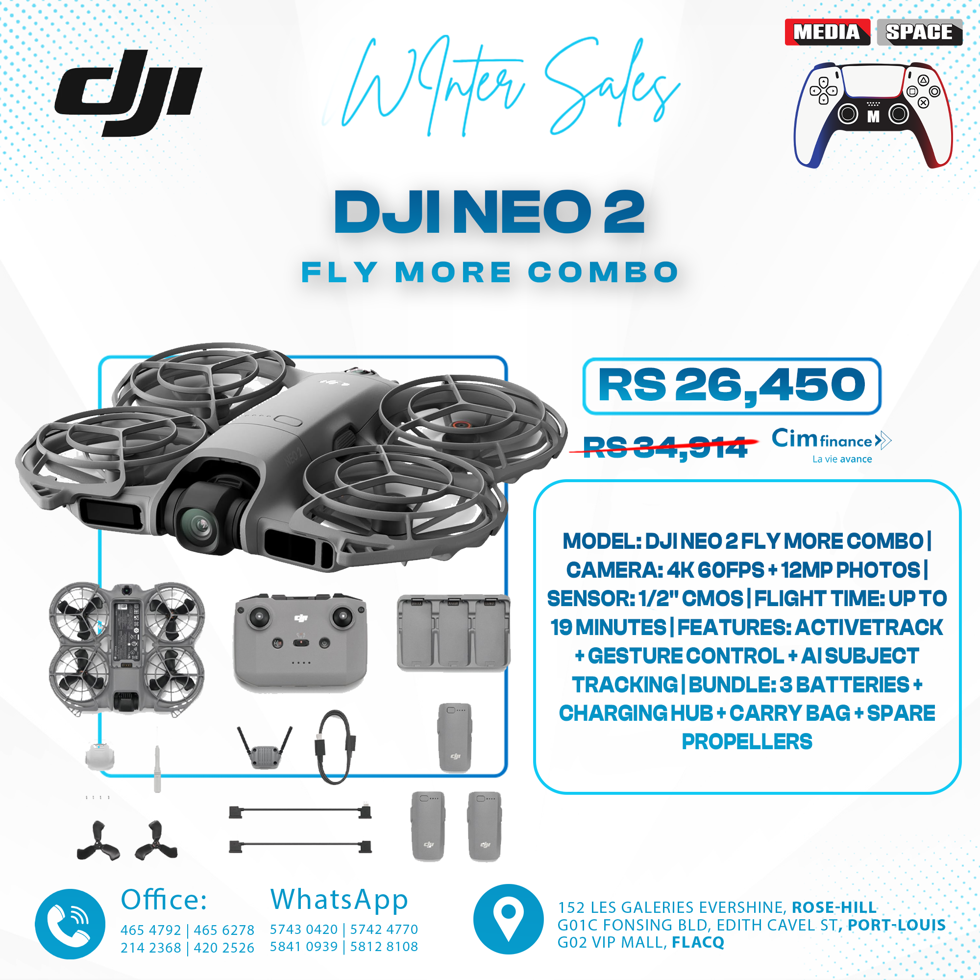 DJI Neo 2 Fly More Combo (Drone Only), 4K Drone With Camera, Palm Takeoff & Landing, Gesture Control, ActiveTrack, Omnidirectional Obstacle Sensing, 3 Batteries