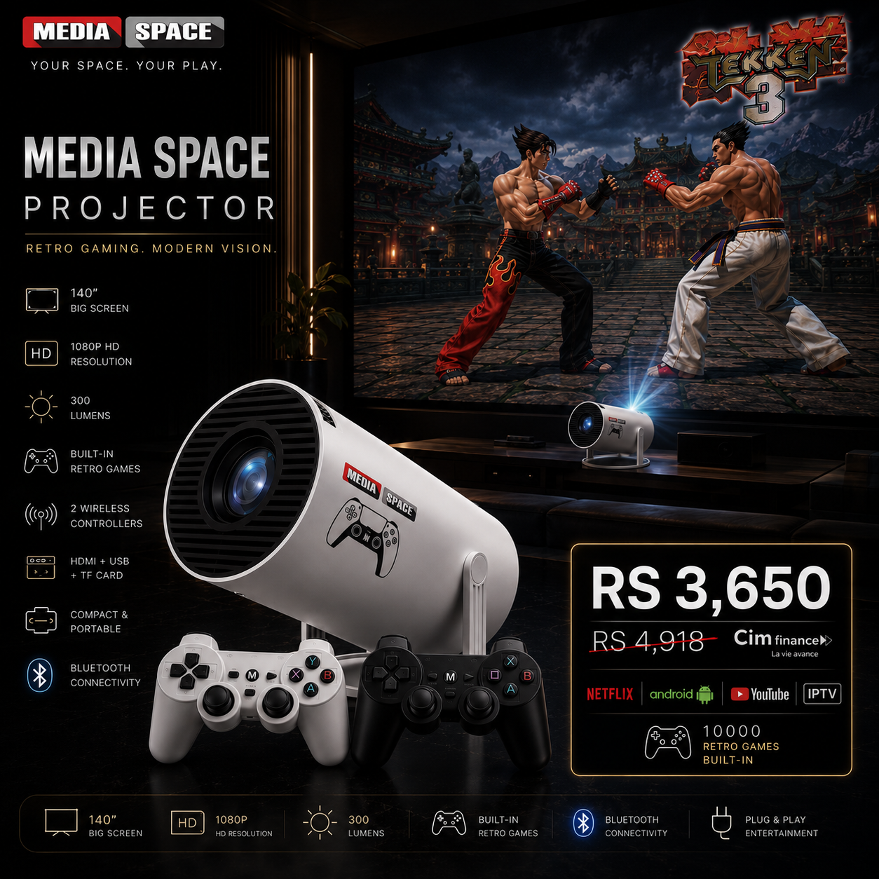 HY300 PRO MAX MEDIA SPACE 4k Smart Projector Android 11 1GB 8GB Home beamer Support 4K with GAME RETRO 2 JOYPAD - Image 2