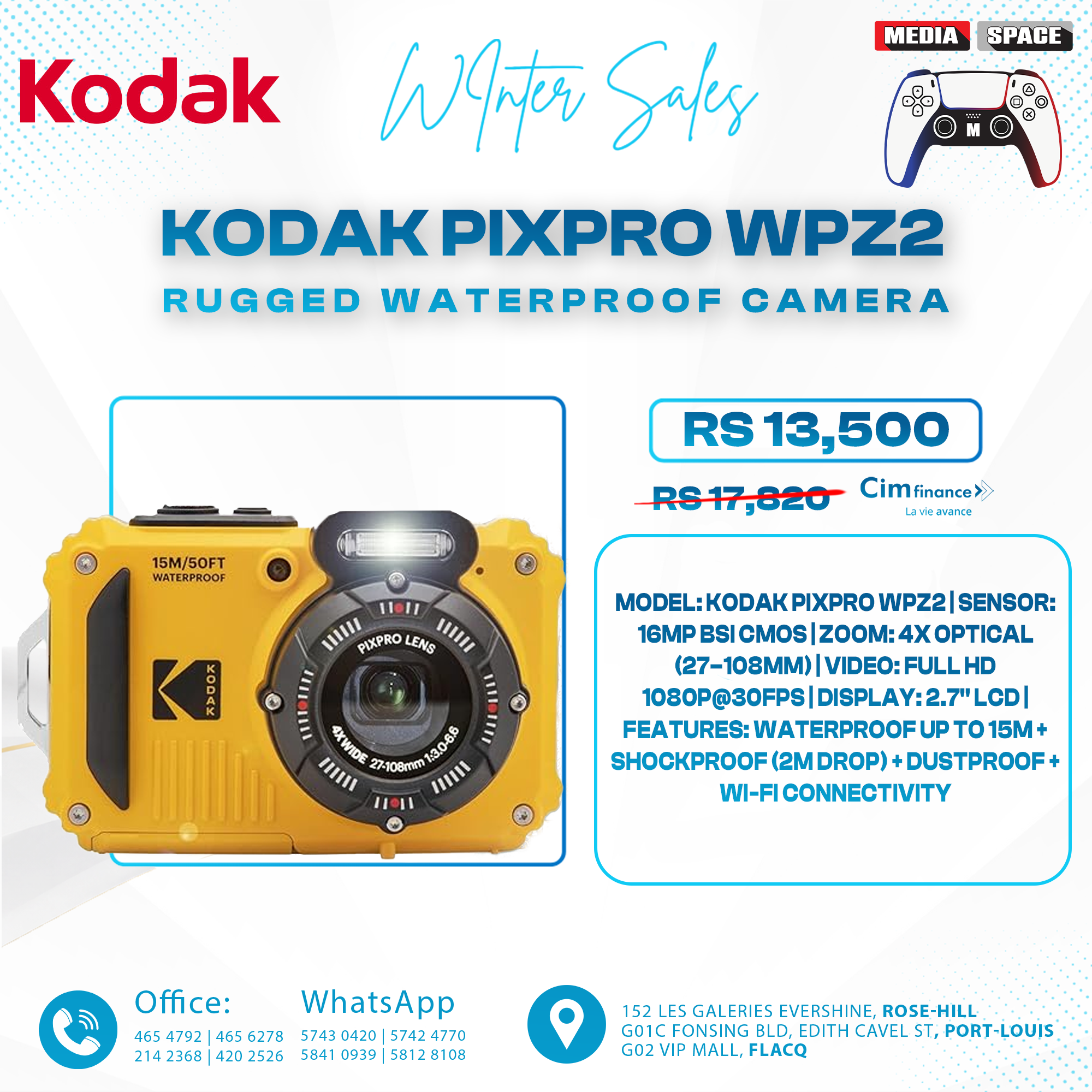 KODAK PIXPRO WPZ2 Rugged Waterproof Shockproof Dustproof WiFi Digital Camera 16MP 4X Optical Zoom 1080P Full HD Video Vlogging Camera 2.7" LCD (Yellow)
