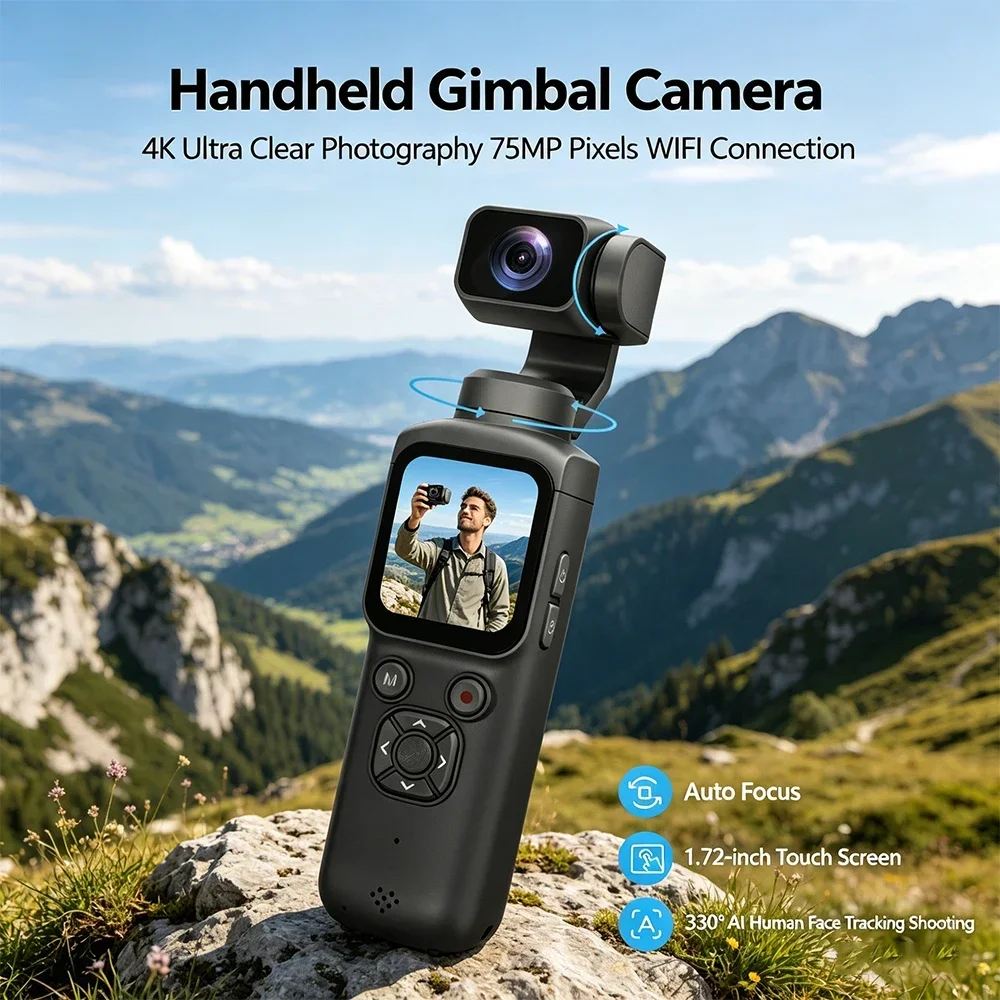 4K Pocket Camera for Vlogging,75MP Vlogging Camera with 330 Rotating Lens | WiFi,1.72" Touch Screen,Face Tracking,16GB TF Card & Tripod,Pocket Video Camera for Daily Recording - Image 2
