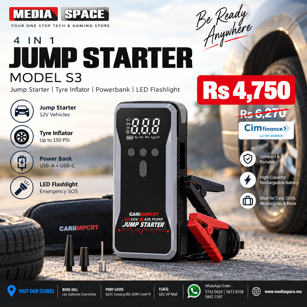 4 IN 1 JUMP STARTER, Jump starter, Tyre Inflator, Powerbank, Flash Light : Model S3 - Image 2