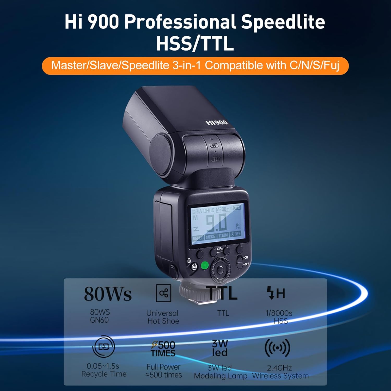 Jinbei HI-900 Speedlite Camera Flash, 2.4G HSS1/8000 high-Speed sync, 2500mAh Large-Capacity Battery GN60, 80Ws Power Compatible with Canon, Nikon, Fuji, Panasonic, Olympus Digital SLR Cameras - Image 3