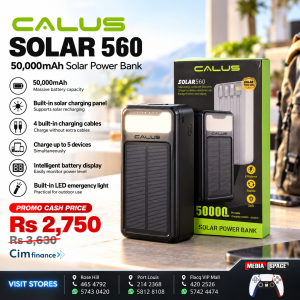 Calus Solar 560. Solar + Electric 50,000mAh Power Bank with Multi-Device Output, LCD Display & Rugged Design
