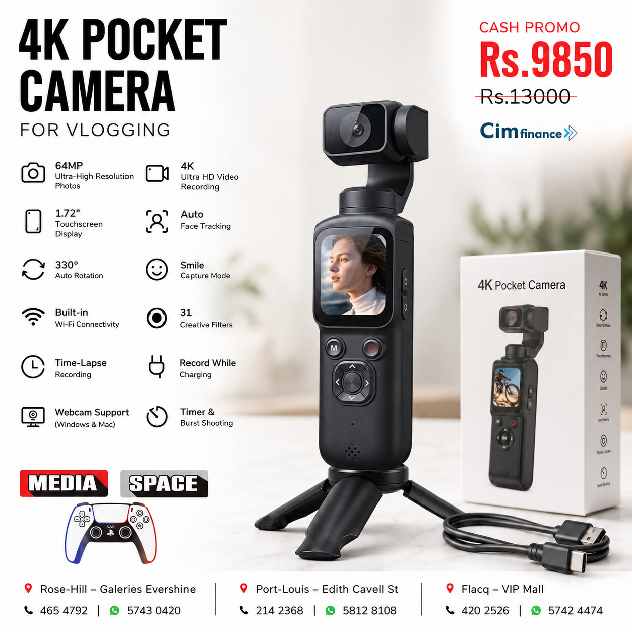 4K Pocket Camera for Vlogging,75MP Vlogging Camera with 330 Rotating Lens | WiFi,1.72" Touch Screen,Face Tracking,16GB TF Card & Tripod,Pocket Video Camera for Daily Recording