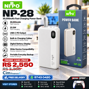 Nippo Np-28 Slim Design, Lightweight and Thin] Mobile Battery, 20,000 mAh, Large Capacity, PD35W, Rapid Charging, Small Mobile Battery, Built-in Cable, 4 Devices Simultaneously, Portable Battery, Type-C