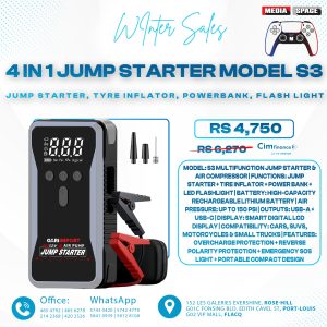 4 IN 1 JUMP STARTER, Jump starter, Tyre Inflator, Powerbank, Flash Light : Model S3