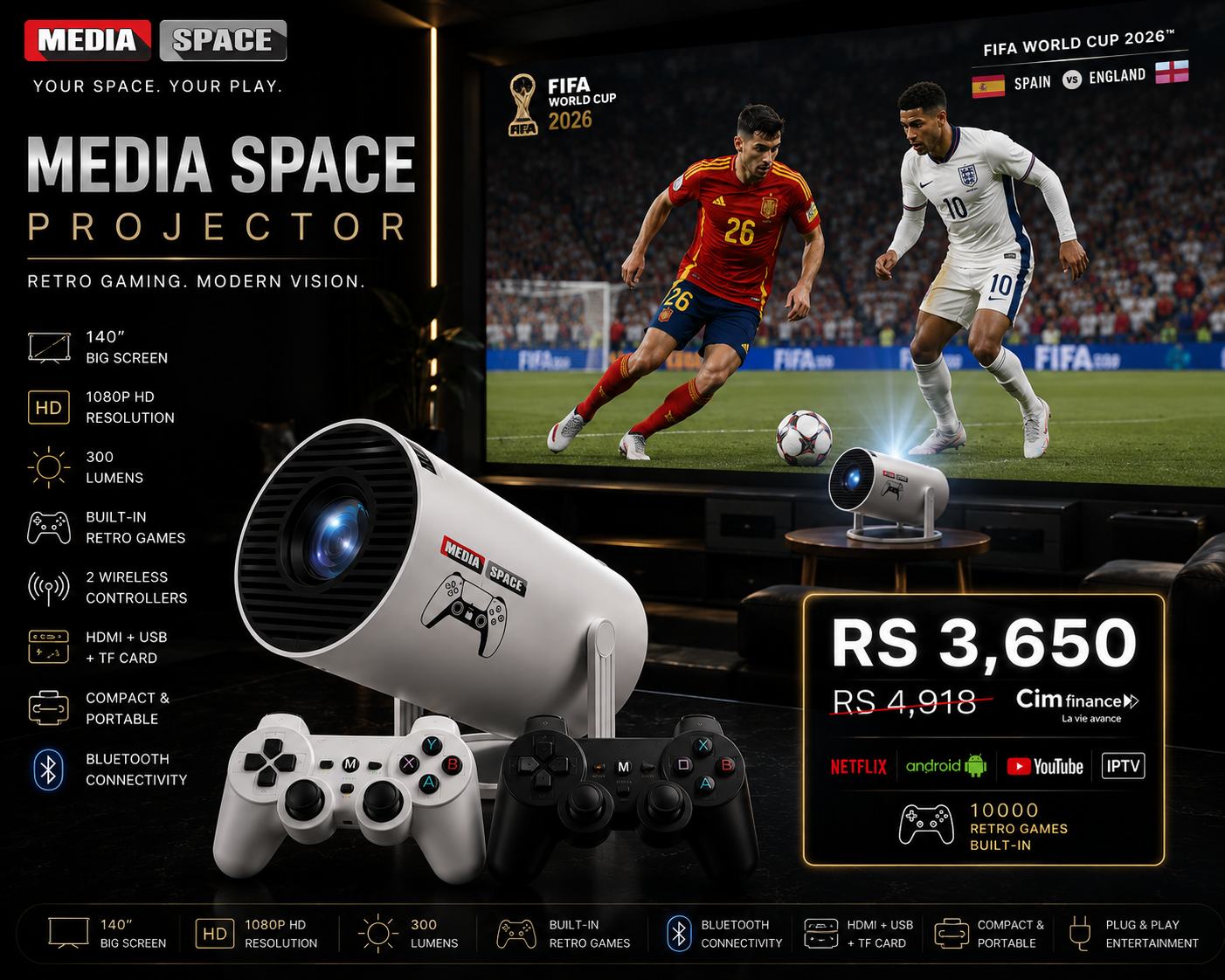 HY300 PRO MAX MEDIA SPACE 4k Smart Projector Android 11 1GB 8GB Home beamer Support 4K with GAME RETRO 2 JOYPAD