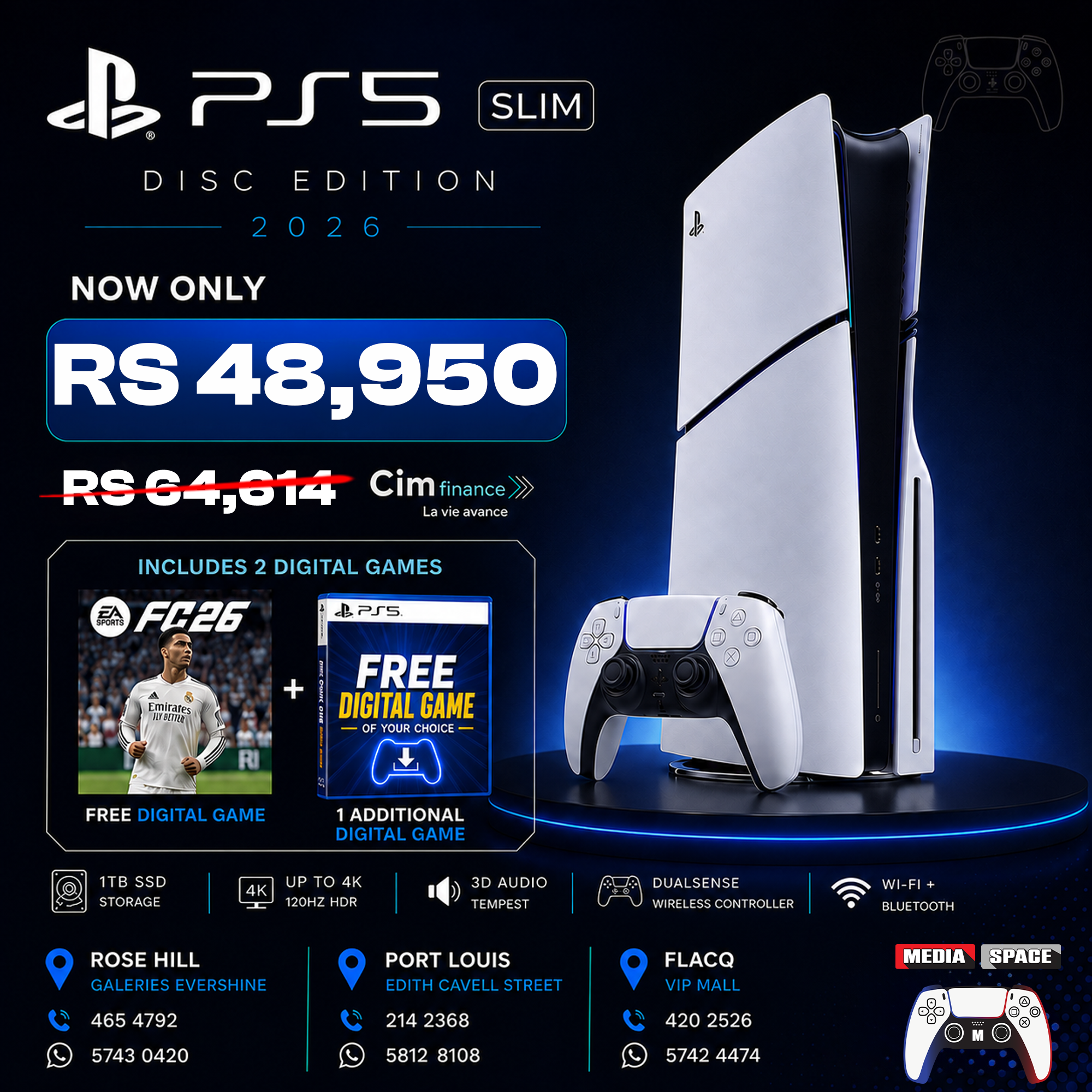 Sony PlayStation 5 Slim 1TB Disc Edition Console ( PS5 SLIM DISC ) Gaming Console (WITH 2 FREE DIGITAL GAME)