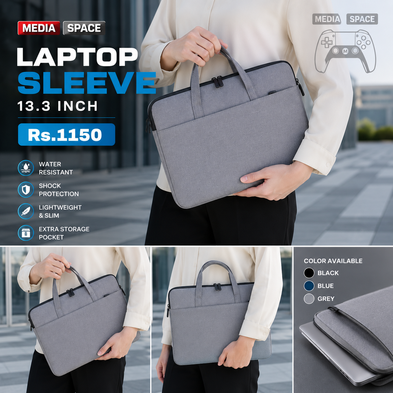 Business Travel Hand Bag Sleeve 13.3 inch laptop color Black/Blue/Grey - Image 2