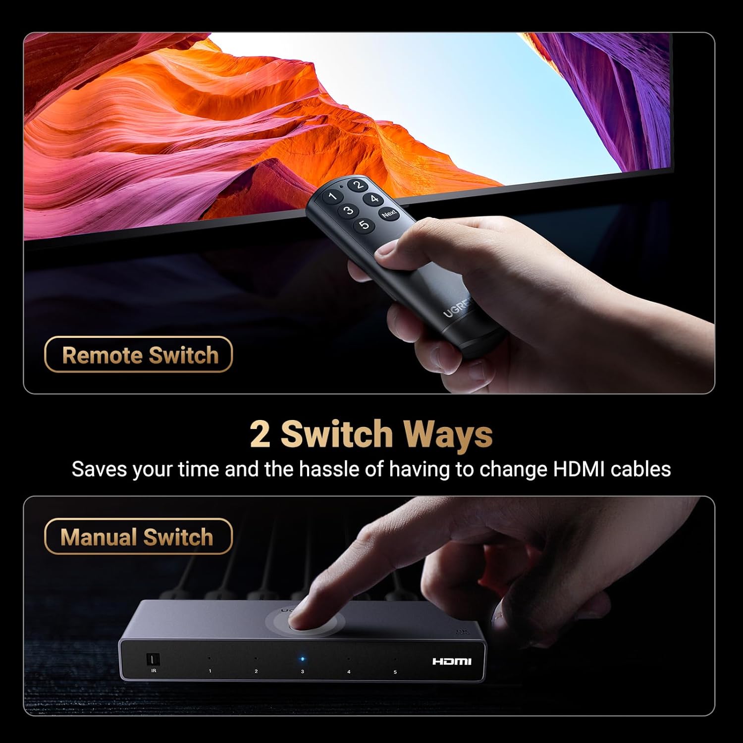 UGREEN 8K@60Hz HDMI Switch 5 in 1 Out, Aluminum, HDR10+, with Remote | 4K@240Hz, 40Gbps, VRR, CEC, Dolby, HDMI 2.1 Splitter, Compatible with PS5 Xbox Switch 2, Roku Apple TV, Fire Stick, HDCP 2.3 - Image 6