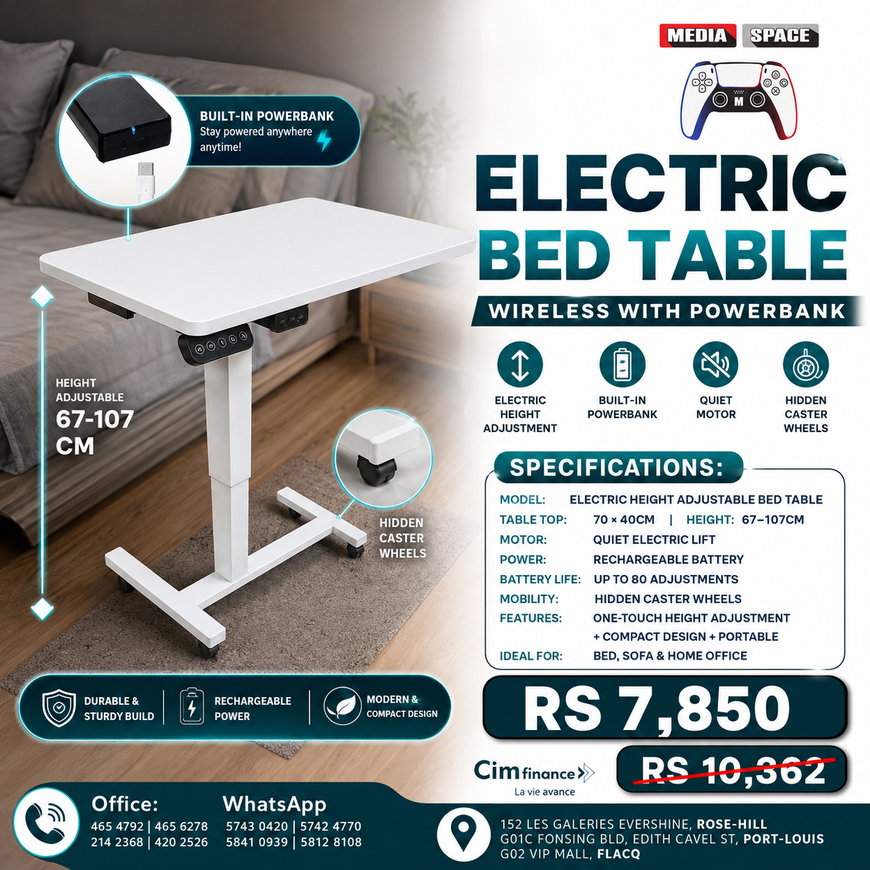 C shape Table Electric adjustable Desk on Wheels - Image 2