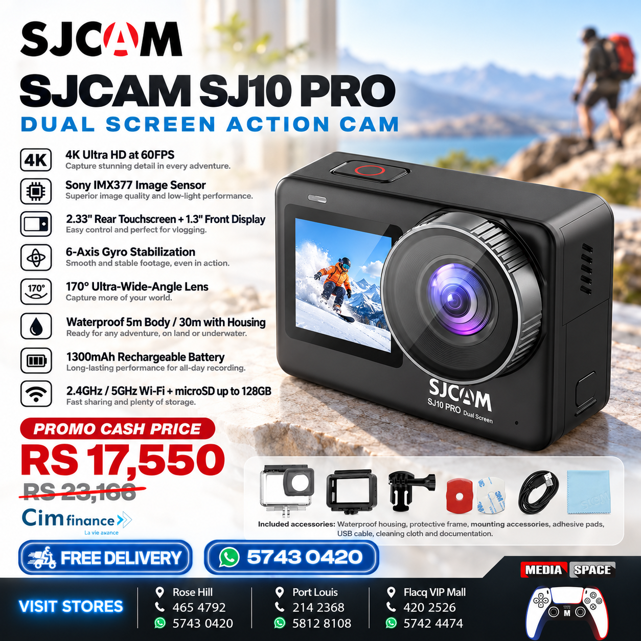 SJCAM | SJCAM SJ10 Pro Action Camera with 4K/60fps Video 6‑Axis Gyro Stabilization 5m Bare Waterproof for Sports Vlogging Cycling Skiing