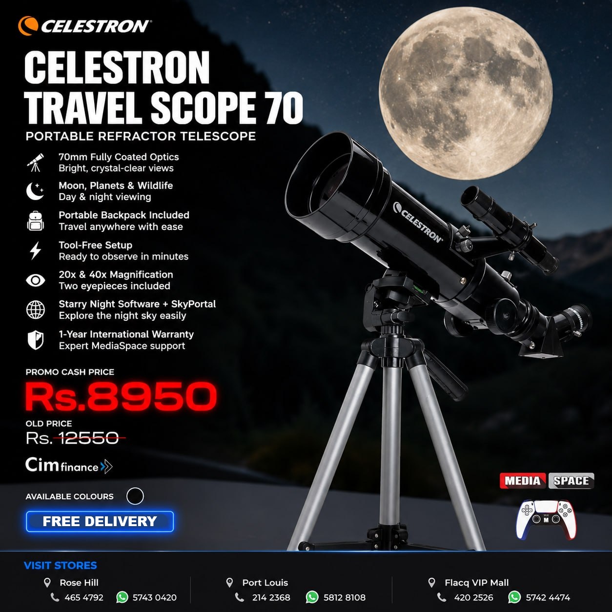 Celestron Travel Scope 70 Portable Refractor Telescope – 70mm/400mm Aperture, Fully-Coated Glass Optics – Includes Tripod, Backpack & Software – Ideal for Beginners & Travel