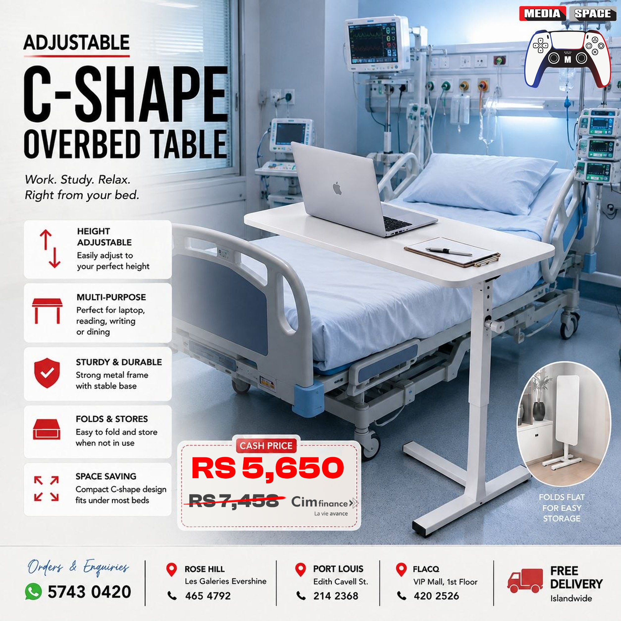 C shape Overbed movable retractable table
