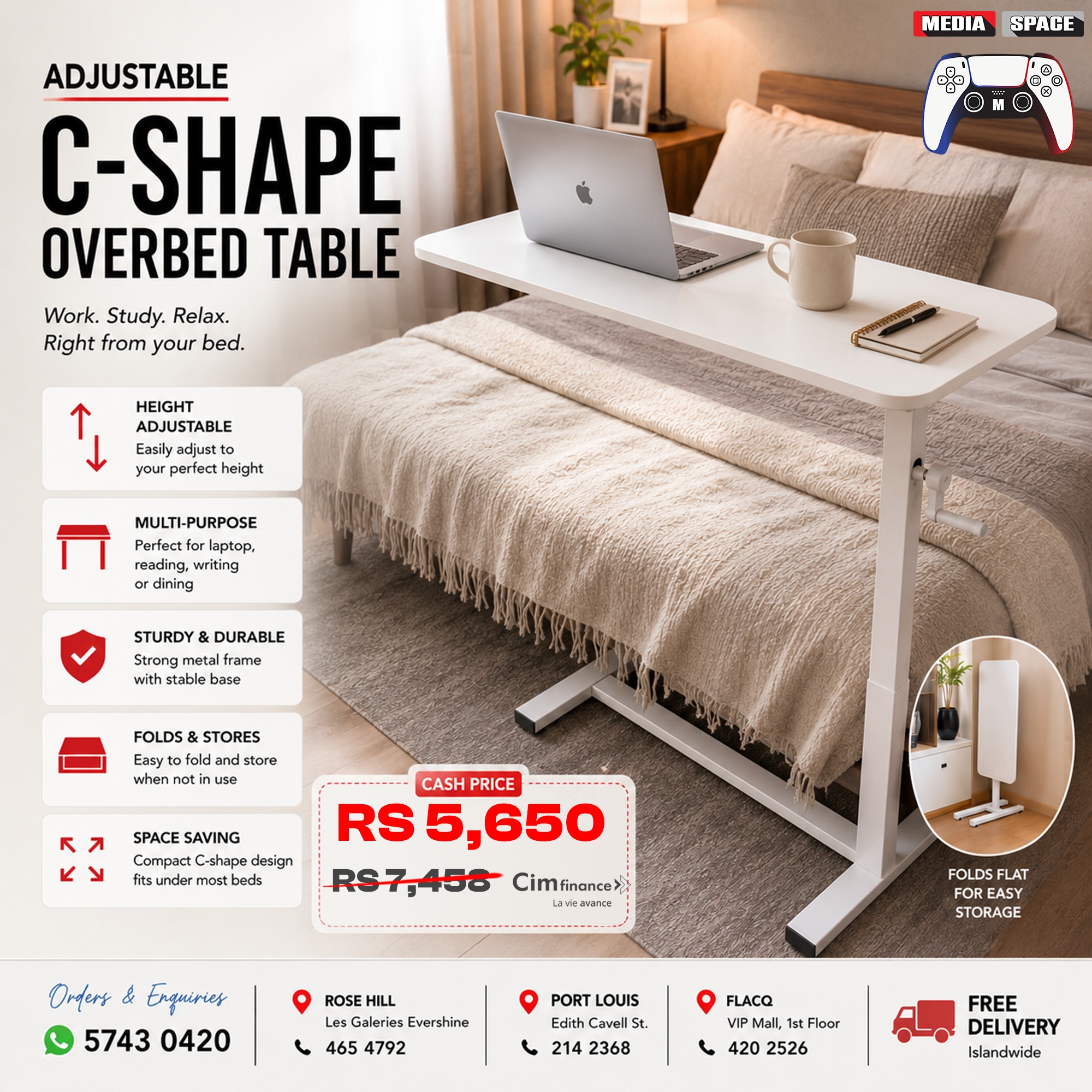 C shape Overbed movable retractable table - Image 2