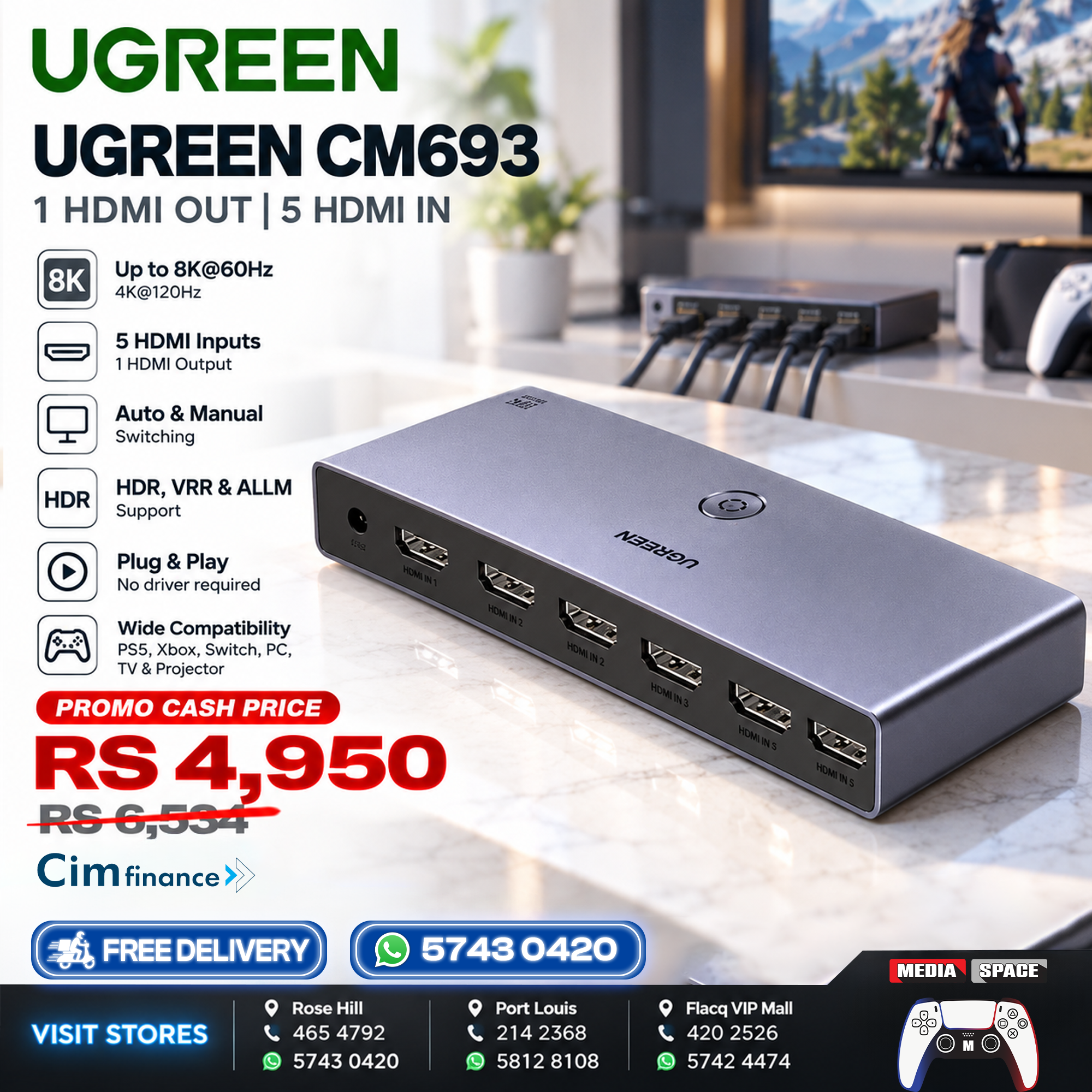 UGREEN 8K@60Hz HDMI Switch 5 in 1 Out, Aluminum, HDR10+, with Remote | 4K@240Hz, 40Gbps, VRR, CEC, Dolby, HDMI 2.1 Splitter, Compatible with PS5 Xbox Switch 2, Roku Apple TV, Fire Stick, HDCP 2.3 - Image 2