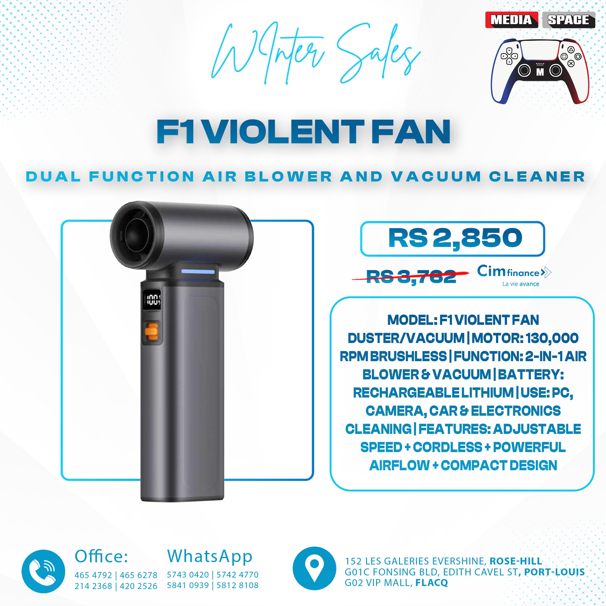 F1 Multifunction Violent Fan with Dust Blower Cleaner (8000mah)