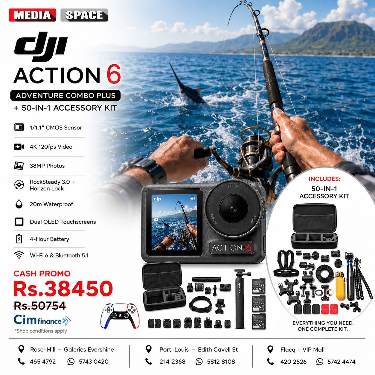 DJI Osmo Action 6 Adventure Combo + 50-in-1 Multi-Use Action Camera Accessory Kit